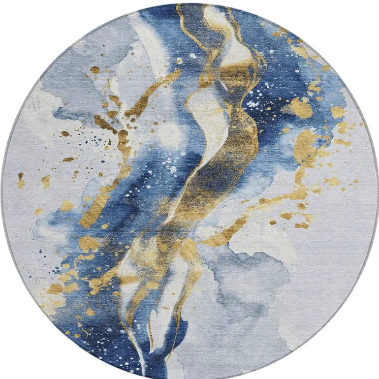 8' Blue And Gold Round Abstract Washable Indoor Outdoor Area Rug