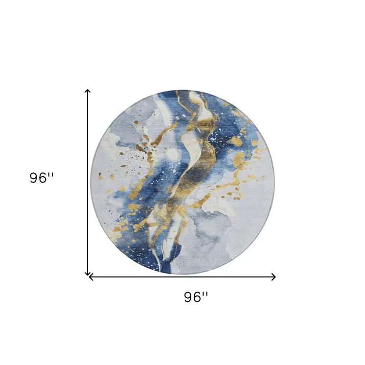8' Blue And Gold Round Abstract Washable Indoor Outdoor Area Rug