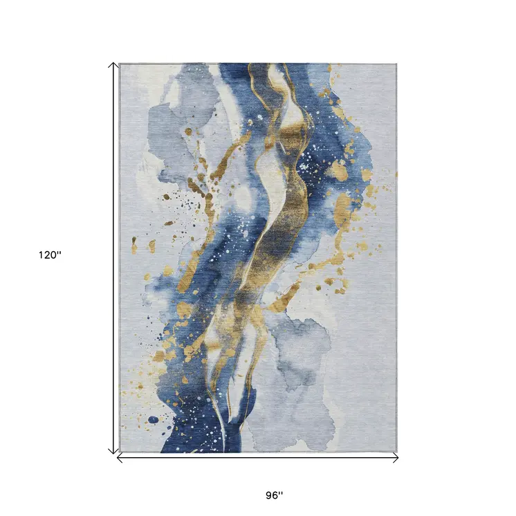 8' X 10' Blue And Gold Abstract Washable Indoor Outdoor Area Rug