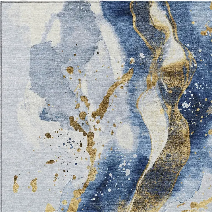 8' X 10' Blue And Gold Abstract Washable Indoor Outdoor Area Rug