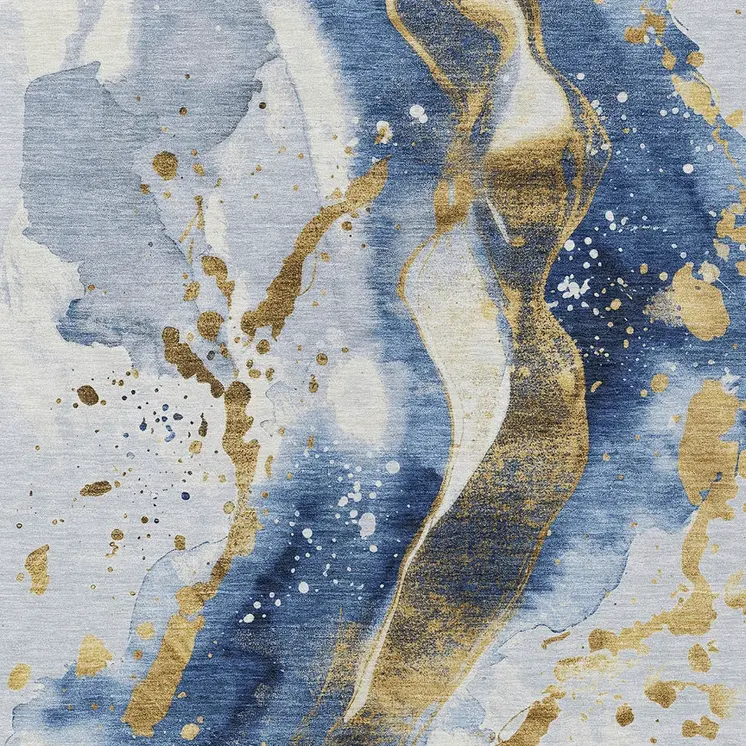 9' X 12' Blue And Gold Abstract Washable Indoor Outdoor Area Rug