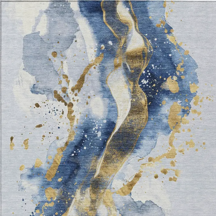 10' X 14' Blue And Gold Abstract Washable Indoor Outdoor Area Rug