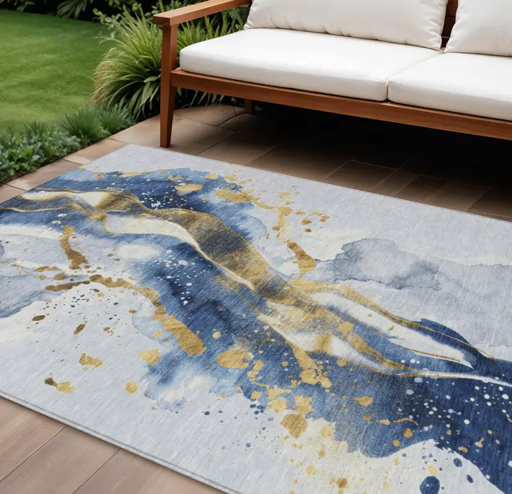 10' X 14' Blue And Gold Abstract Washable Indoor Outdoor Area Rug