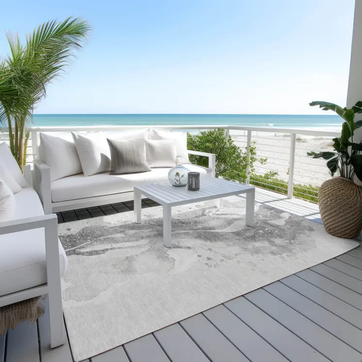 5' X 8' Gray And Silver Abstract Washable Indoor Outdoor Area Rug