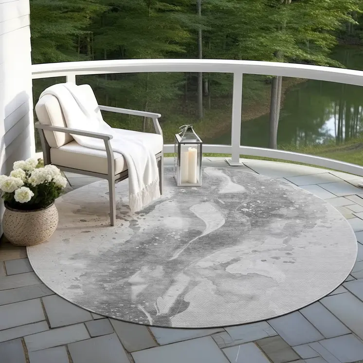 8' Gray And Silver Round Abstract Washable Indoor Outdoor Area Rug