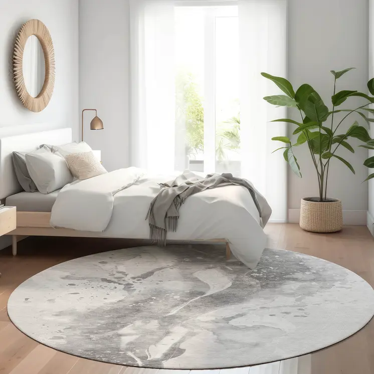8' Gray And Silver Round Abstract Washable Indoor Outdoor Area Rug