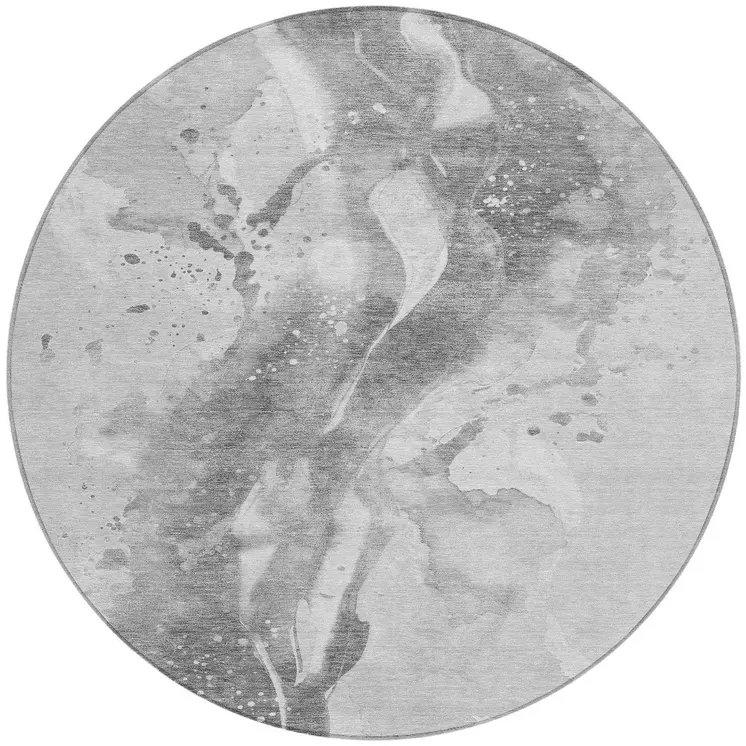 8' Gray And Silver Round Abstract Washable Indoor Outdoor Area Rug