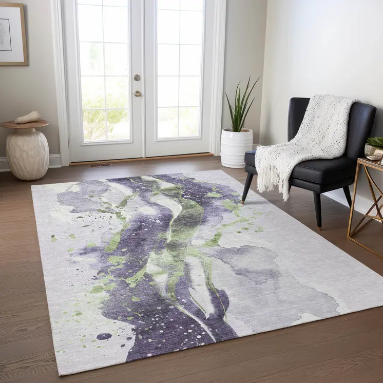 3' X 5' Purple And Green Abstract Washable Indoor Outdoor Area Rug