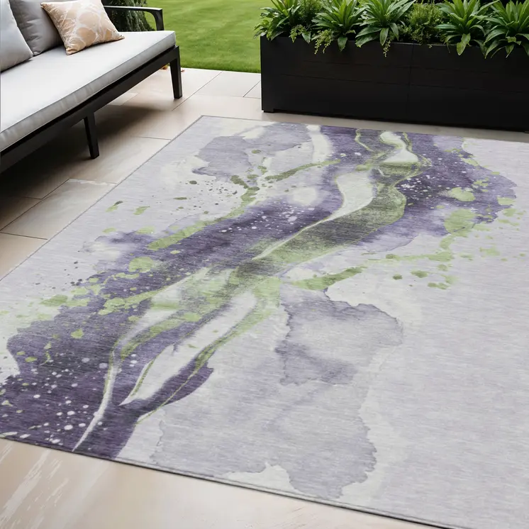 5' X 8' Purple And Green Abstract Washable Indoor Outdoor Area Rug