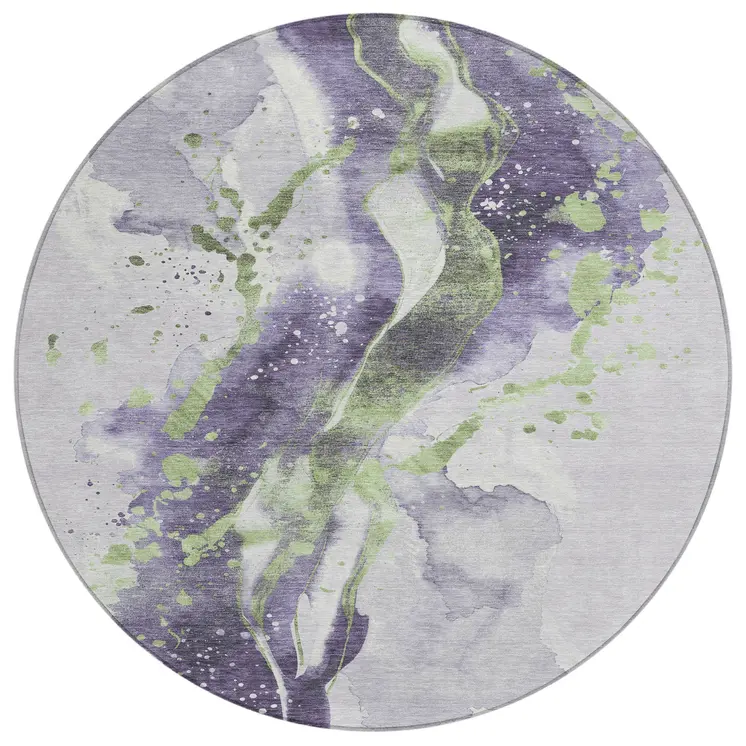 8' Purple And Green Round Abstract Washable Indoor Outdoor Area Rug