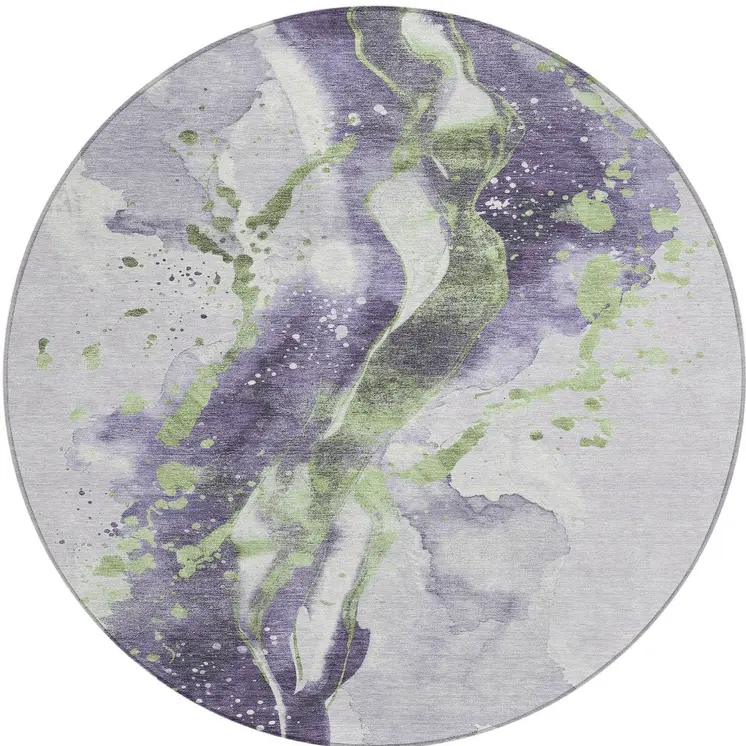 8' Purple And Green Round Abstract Washable Indoor Outdoor Area Rug
