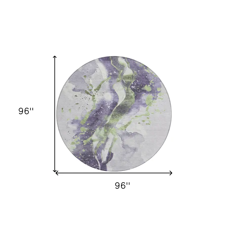 8' Purple And Green Round Abstract Washable Indoor Outdoor Area Rug