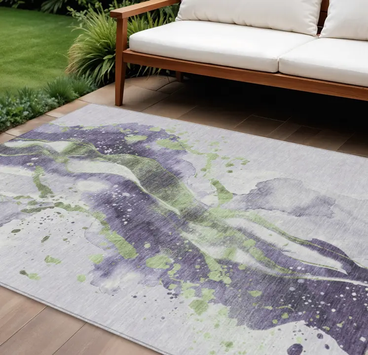 9' X 12' Purple And Green Abstract Washable Indoor Outdoor Area Rug
