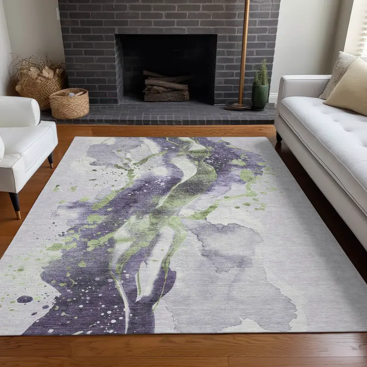 9' X 12' Purple And Green Abstract Washable Indoor Outdoor Area Rug