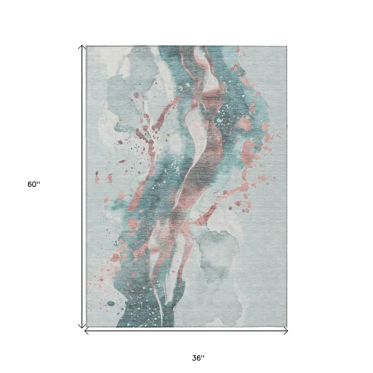 3' X 5' Teal Blue And Salmon Abstract Washable Indoor Outdoor Area Rug