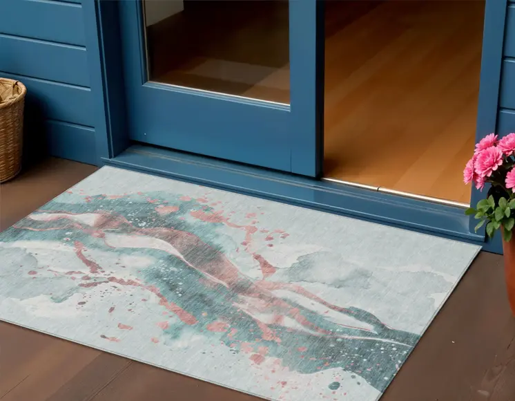 3' X 5' Teal Blue And Salmon Abstract Washable Indoor Outdoor Area Rug