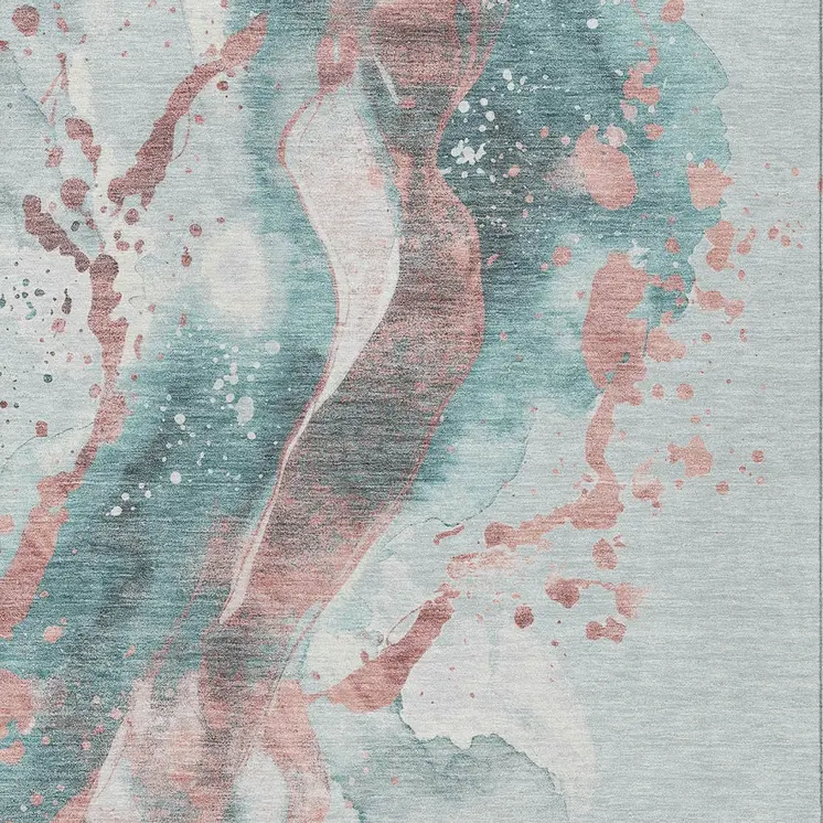 3' X 5' Teal Blue And Salmon Abstract Washable Indoor Outdoor Area Rug