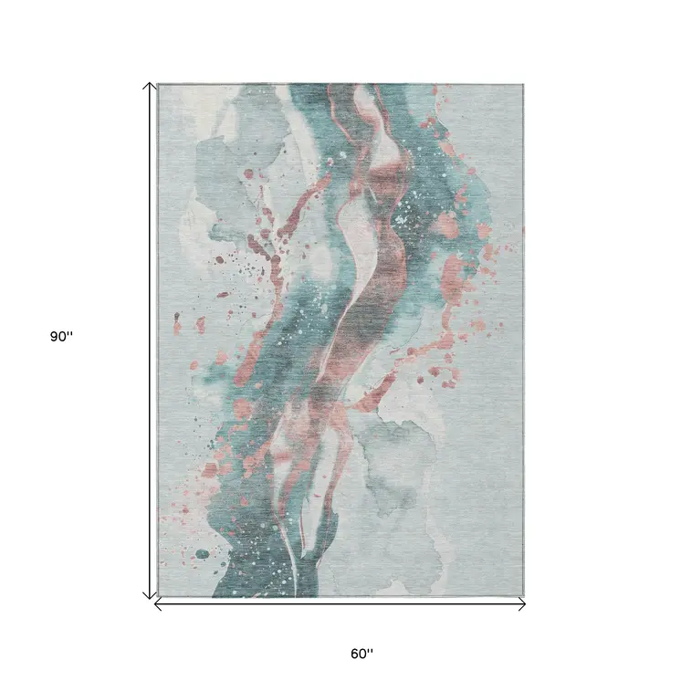 5' X 8' Teal Blue And Salmon Abstract Washable Indoor Outdoor Area Rug