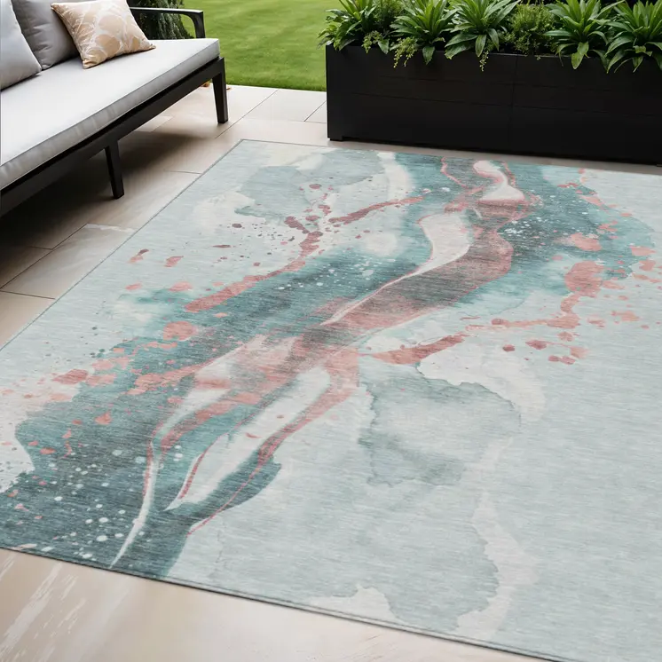 5' X 8' Teal Blue And Salmon Abstract Washable Indoor Outdoor Area Rug