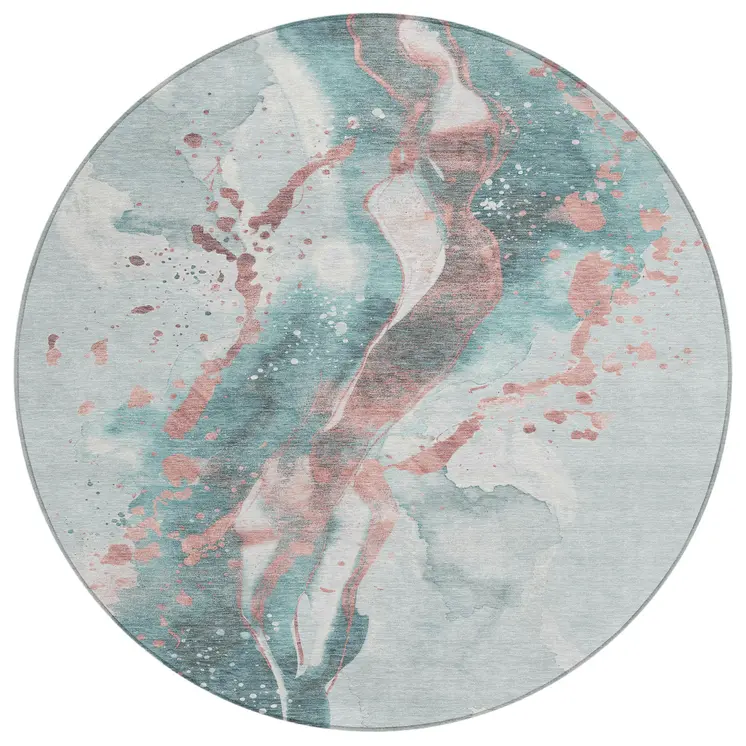 8' Teal Blue And Salmon Round Abstract Washable Indoor Outdoor Area Rug