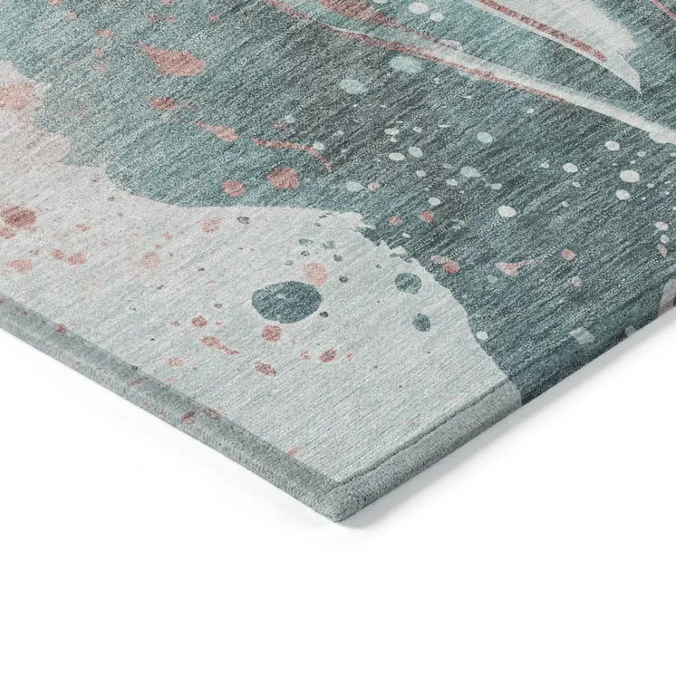 8' Teal Blue And Salmon Round Abstract Washable Indoor Outdoor Area Rug