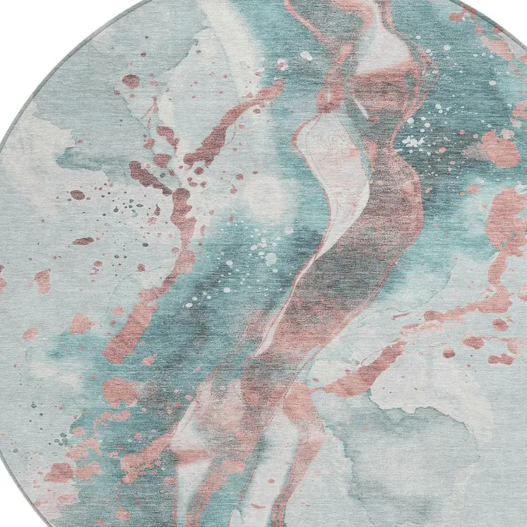 8' Teal Blue And Salmon Round Abstract Washable Indoor Outdoor Area Rug