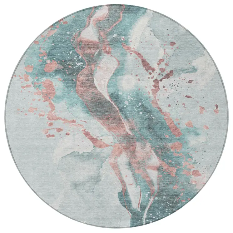 8' Teal Blue And Salmon Round Abstract Washable Indoor Outdoor Area Rug