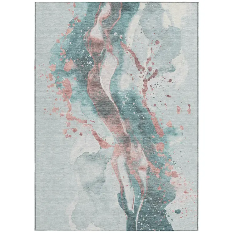 8' X 10' Teal Blue And Salmon Abstract Washable Indoor Outdoor Area Rug