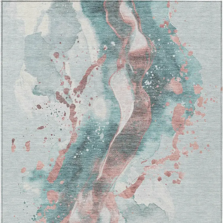 9' X 12' Teal Blue And Salmon Abstract Washable Indoor Outdoor Area Rug