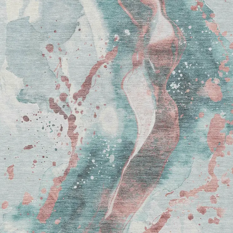 9' X 12' Teal Blue And Salmon Abstract Washable Indoor Outdoor Area Rug