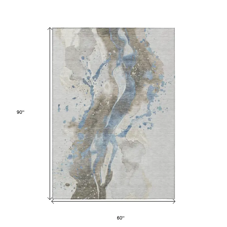 5' X 8' Taupe And Blue Abstract Washable Indoor Outdoor Area Rug