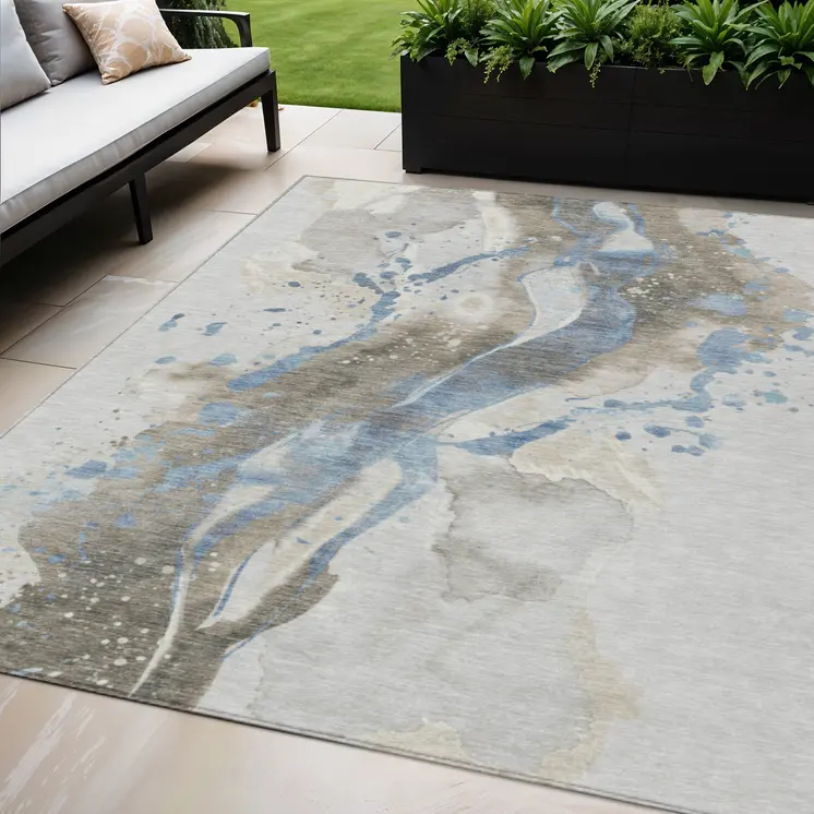 5' X 8' Taupe And Blue Abstract Washable Indoor Outdoor Area Rug