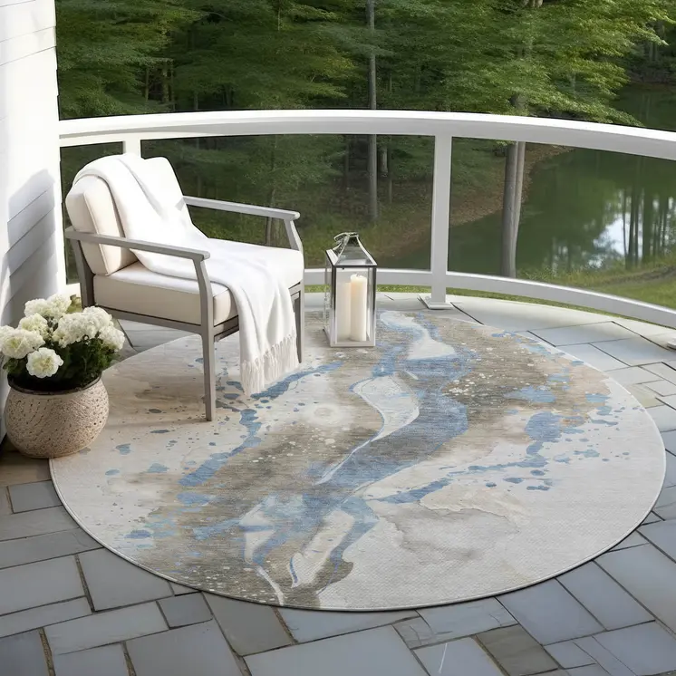 8' Taupe And Blue Round Abstract Washable Indoor Outdoor Area Rug