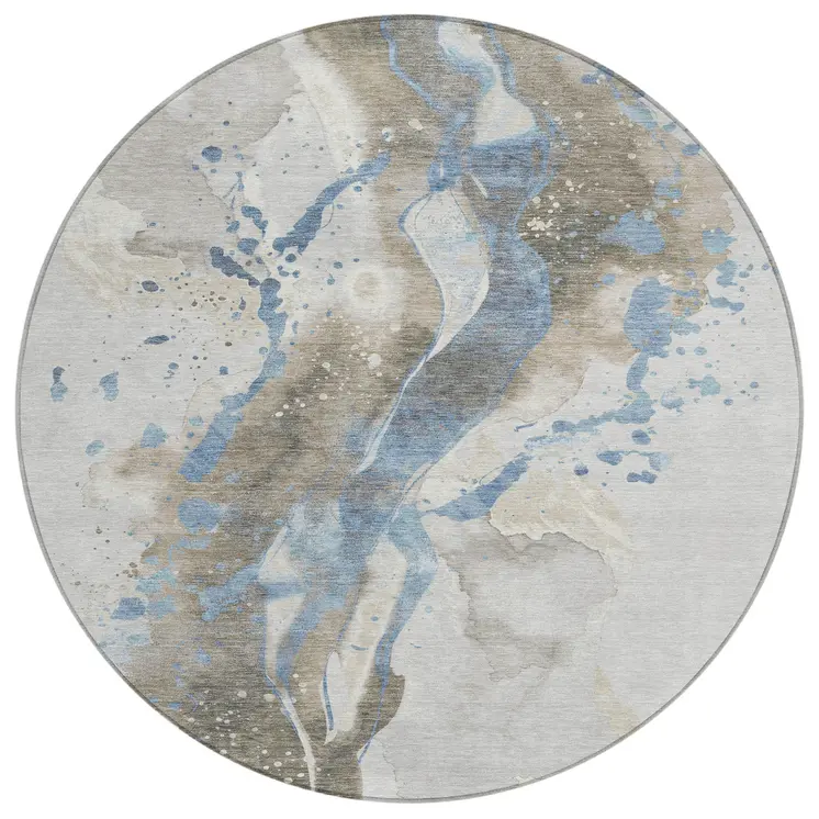 8' Taupe And Blue Round Abstract Washable Indoor Outdoor Area Rug