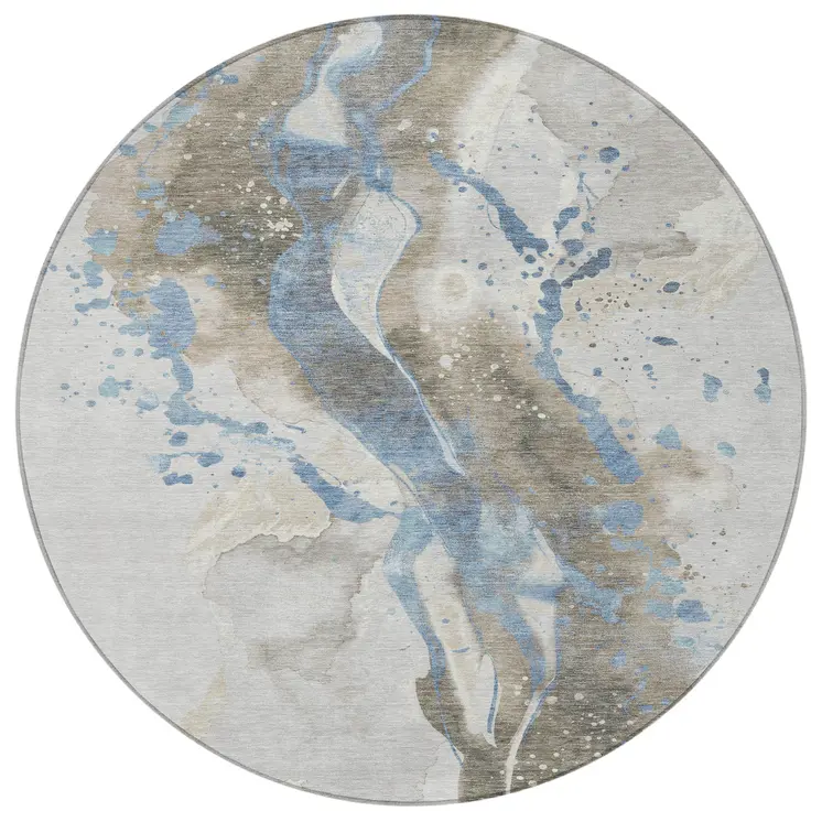 8' Taupe And Blue Round Abstract Washable Indoor Outdoor Area Rug