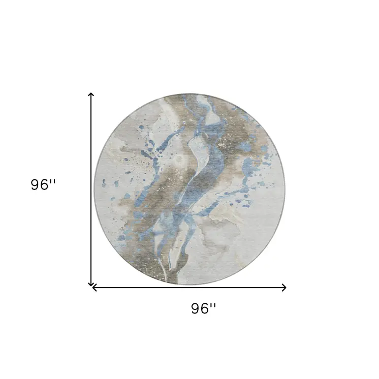 8' Taupe And Blue Round Abstract Washable Indoor Outdoor Area Rug