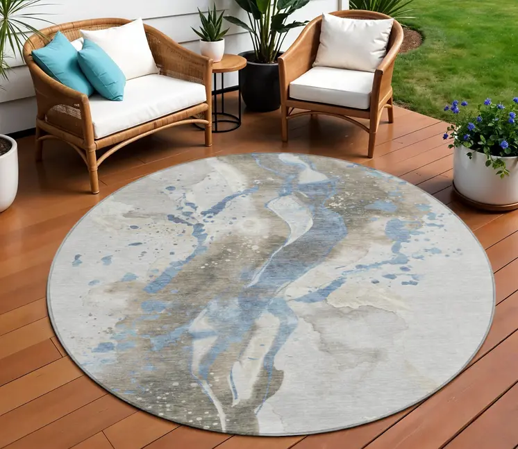 8' Taupe And Blue Round Abstract Washable Indoor Outdoor Area Rug