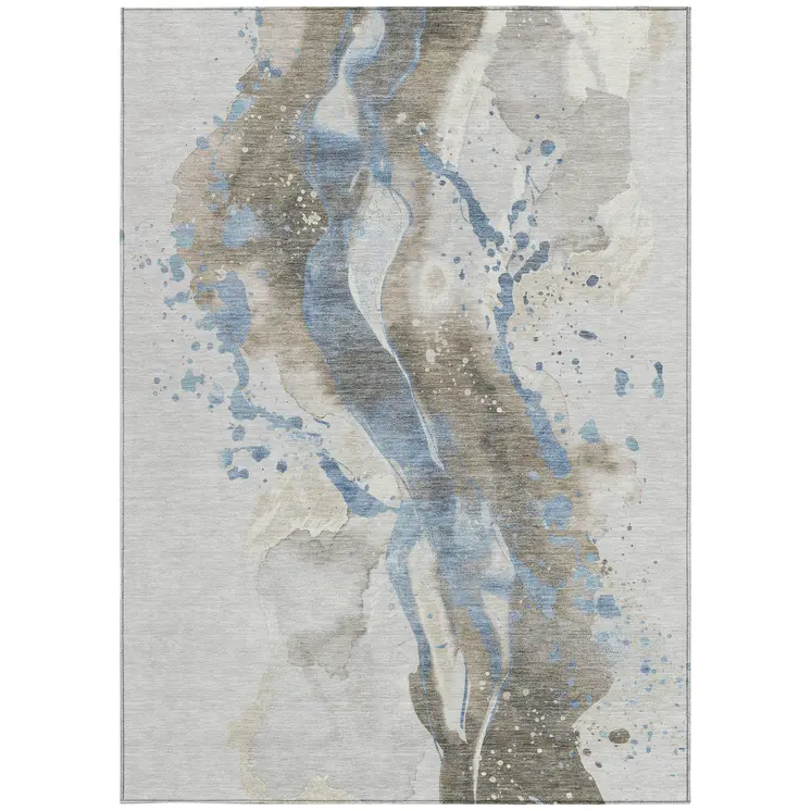 10' X 14' Taupe And Blue Abstract Washable Indoor Outdoor Area Rug