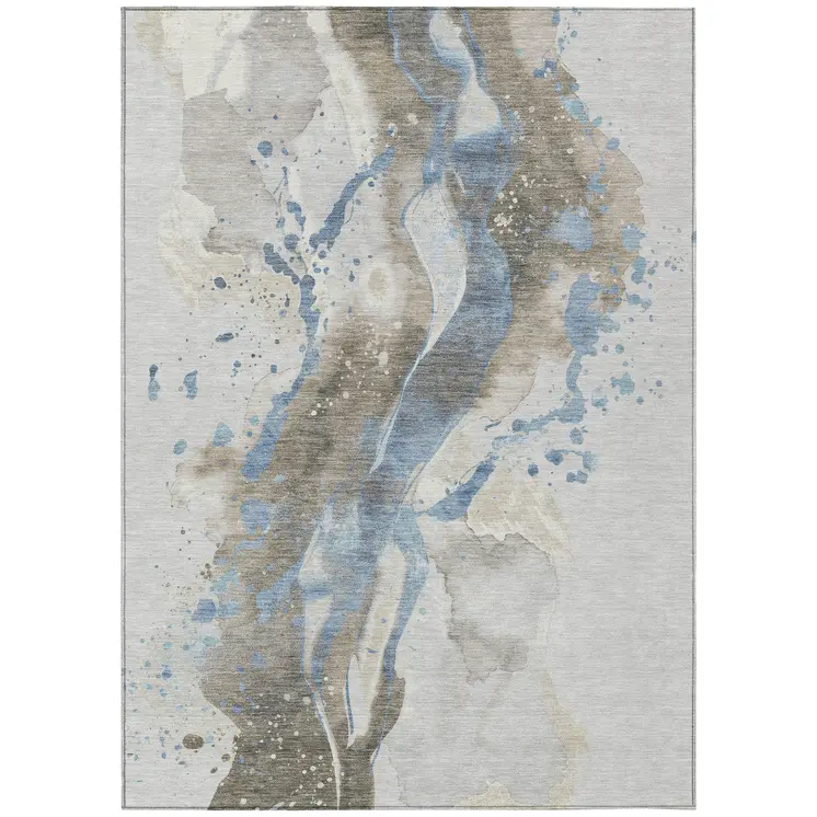 10' X 14' Taupe And Blue Abstract Washable Indoor Outdoor Area Rug