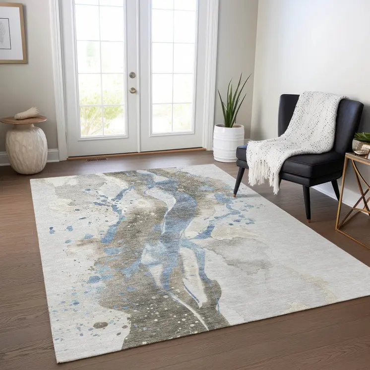 10' X 14' Taupe And Blue Abstract Washable Indoor Outdoor Area Rug