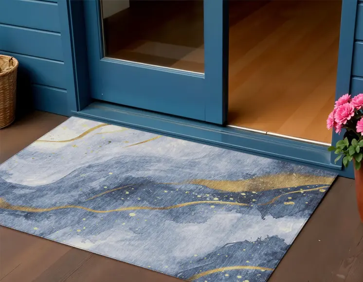 3' X 5' Blue And Gold Abstract Washable Indoor Outdoor Area Rug