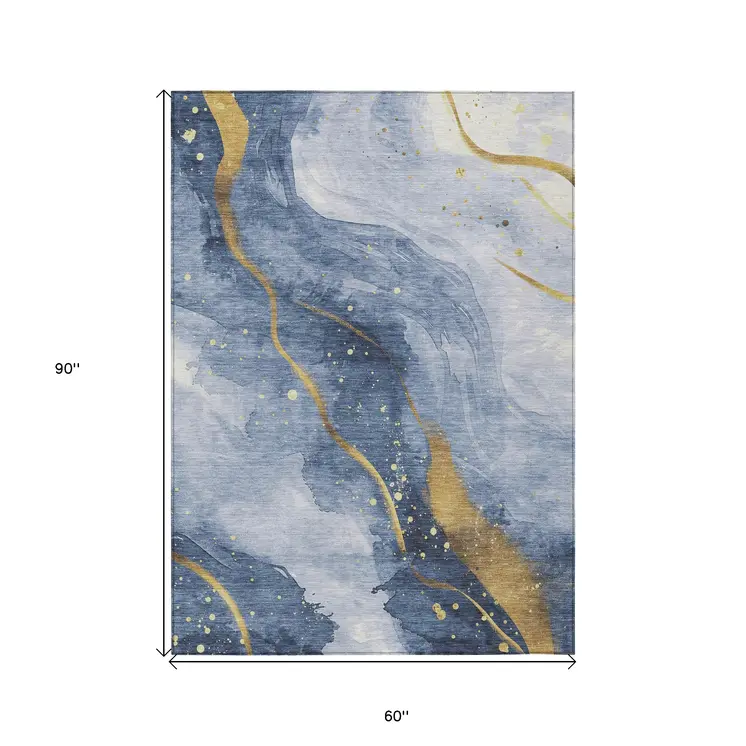 5' X 8' Blue And Gold Abstract Washable Indoor Outdoor Area Rug