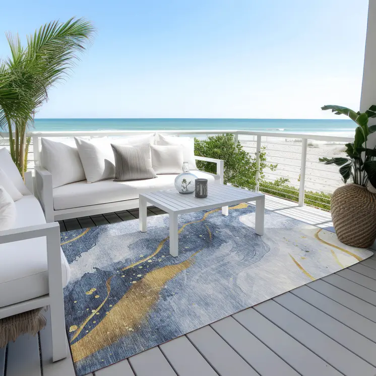 5' X 8' Blue And Gold Abstract Washable Indoor Outdoor Area Rug