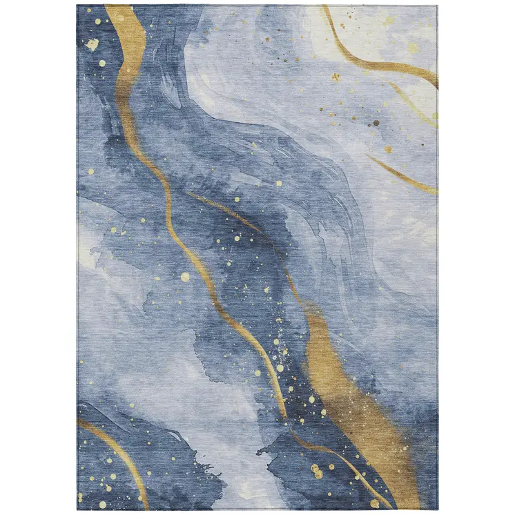 5' X 8' Blue And Gold Abstract Washable Indoor Outdoor Area Rug
