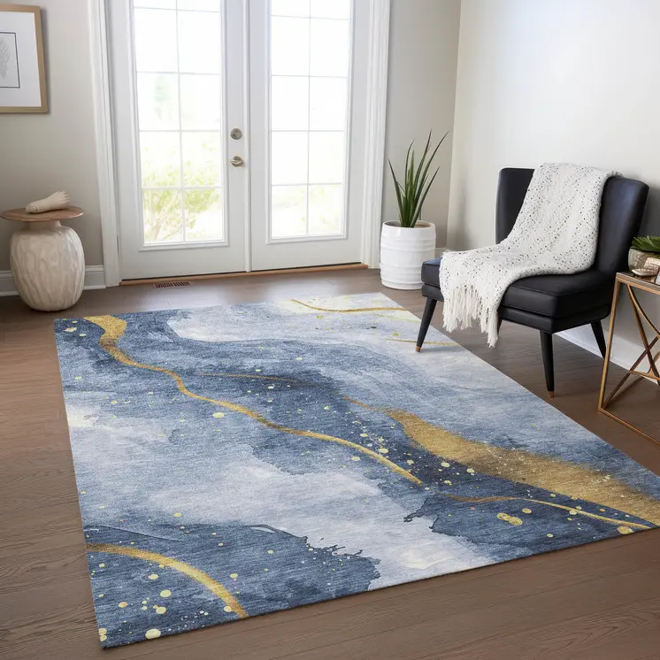 5' X 8' Blue And Gold Abstract Washable Indoor Outdoor Area Rug