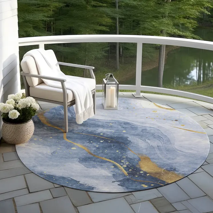 8' Blue And Gold Round Abstract Washable Indoor Outdoor Area Rug