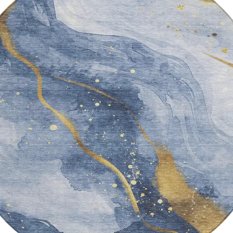 8' Blue And Gold Round Abstract Washable Indoor Outdoor Area Rug