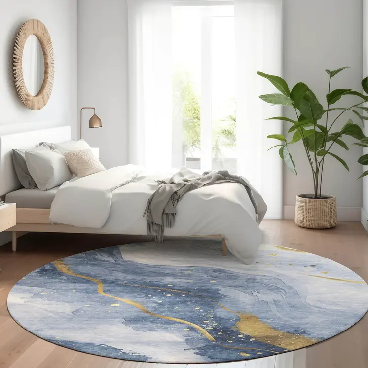 8' Blue And Gold Round Abstract Washable Indoor Outdoor Area Rug