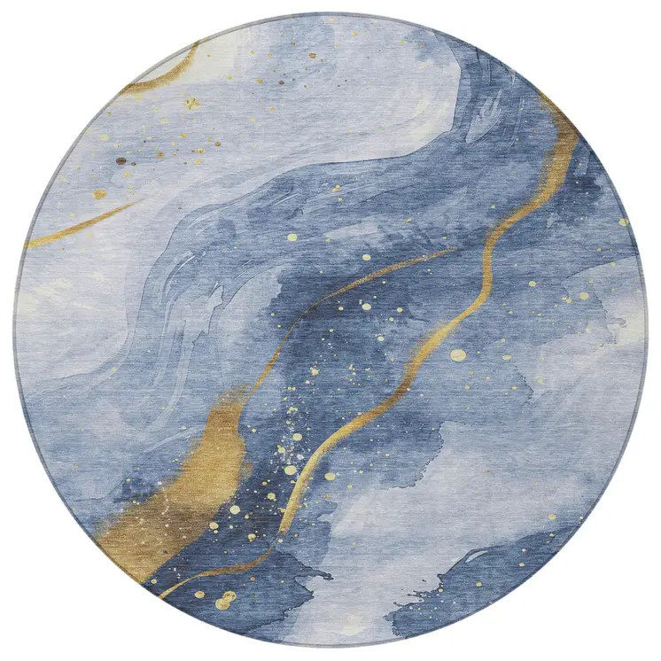 8' Blue And Gold Round Abstract Washable Indoor Outdoor Area Rug