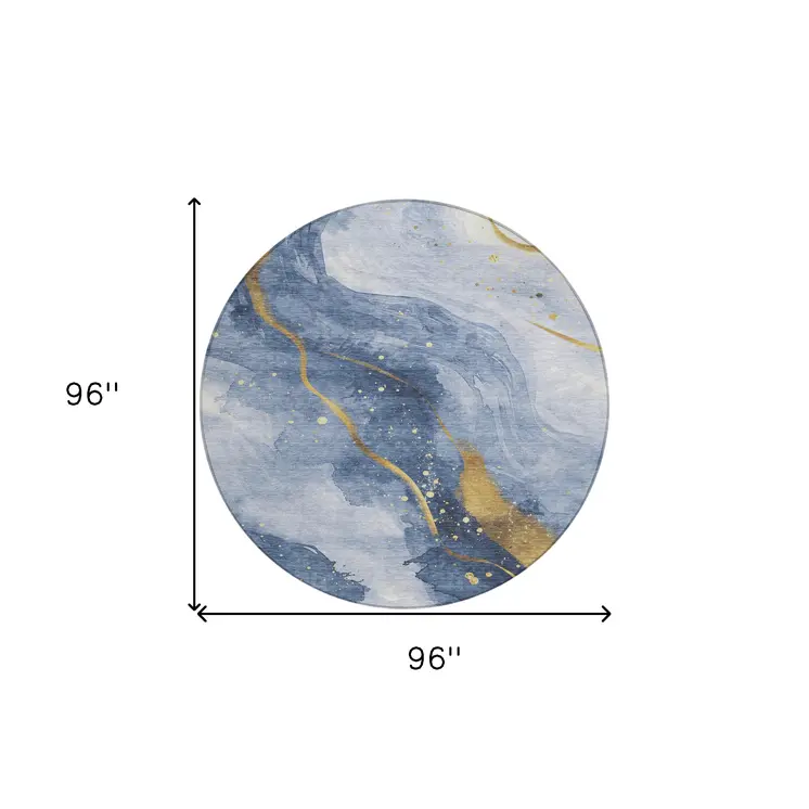 8' Blue And Gold Round Abstract Washable Indoor Outdoor Area Rug